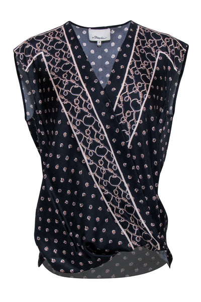 Current Boutique-3.1 Phillip Lim - Navy Silk Crossover Tank w/ Chainlink Print Sz 4
