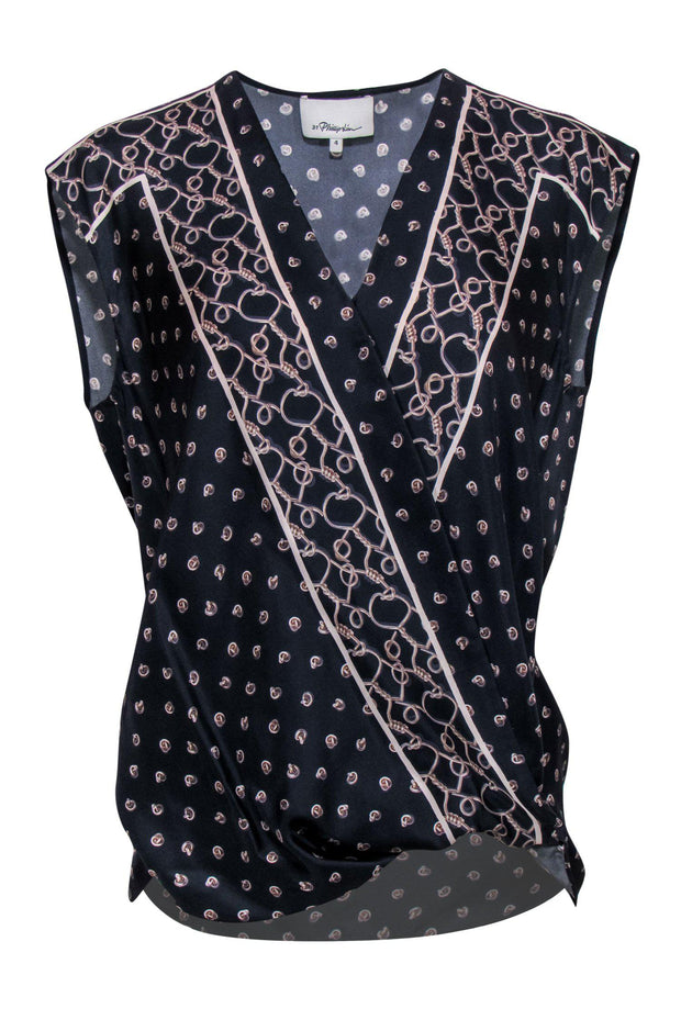 Current Boutique-3.1 Phillip Lim - Navy Silk Crossover Tank w/ Chainlink Print Sz 4