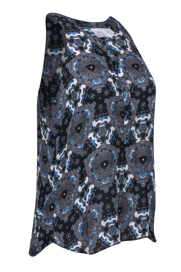 Current Boutique-A.L.C. - Black & Blue Kaleidoscope Printed Button-Front Tank Sz M