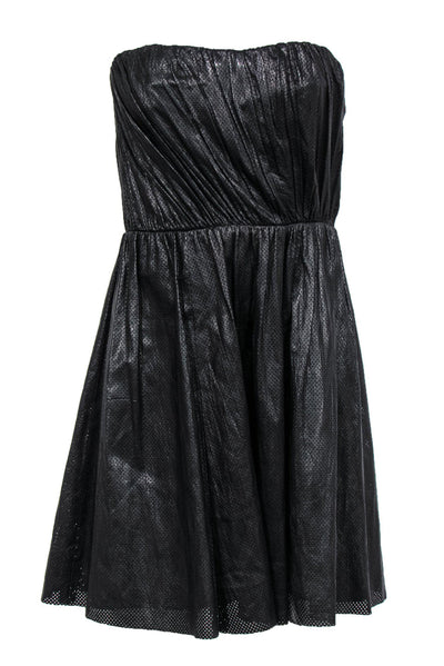 Current Boutique-A.L.C. - Black Leather Strapless Fit & Flare Dress w/ Laser Cut Design Sz 4