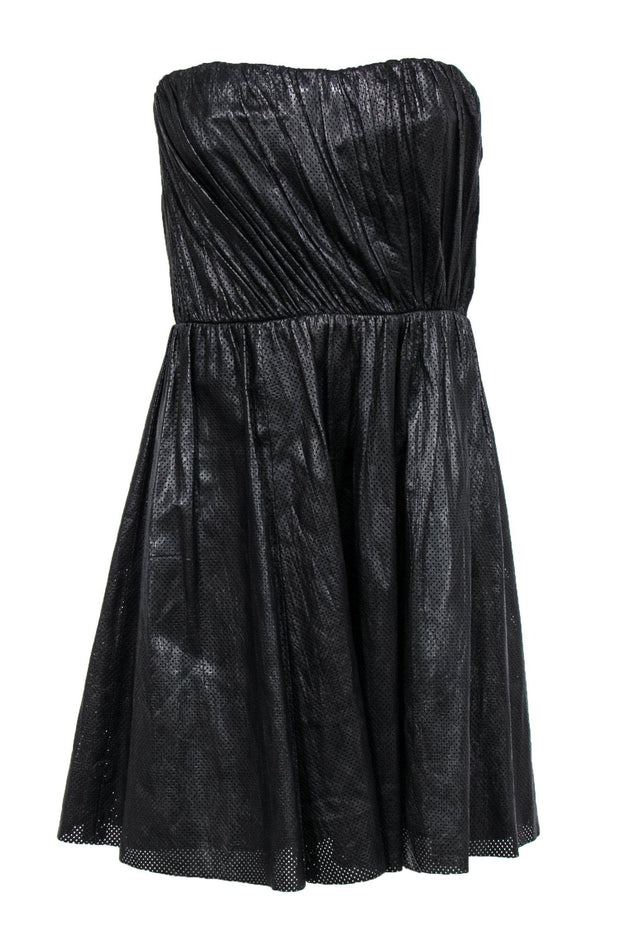 Current Boutique-A.L.C. - Black Leather Strapless Fit & Flare Dress w/ Laser Cut Design Sz 4