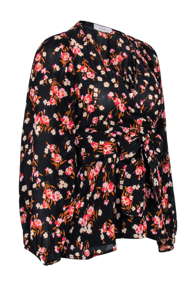 Current Boutique-A.L.C. - Black w/ Multi Colored Floral Print Wrap Blouse Sz 0
