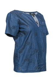 Current Boutique-A.P.C. - Dark Chambray Blouse w/ Floral Lace Eyelets Sz XS