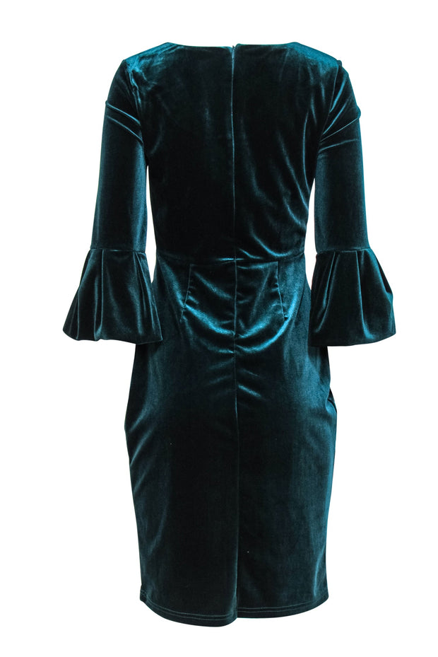 Current Boutique-ABS Collections - Dark Teal Velvet Bell Sleeve Sheath Dress Sz 6