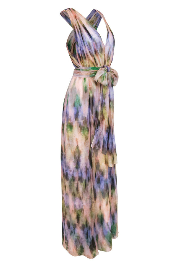 Current Boutique-ADAM by Adam Lippes - Purple, Pink & Green Watercolor Print Flowy Silk Maxi Dress Sz 2