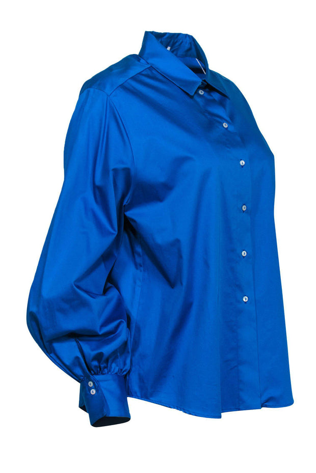 Current Boutique-Agnona - Bright Cerulean Blue Collared Cotton Blouse Sz 10