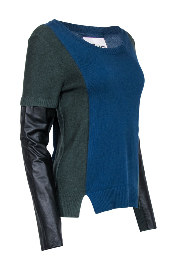 Current Boutique-Aiko - Blue & Green Sweater w/ Leather Sleeve Detail Sz L