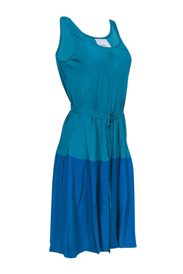 Current Boutique-Akris Punto - Teal & Blue Colorblock Silk Blend A-Line Dress w/ Belt Sz 8
