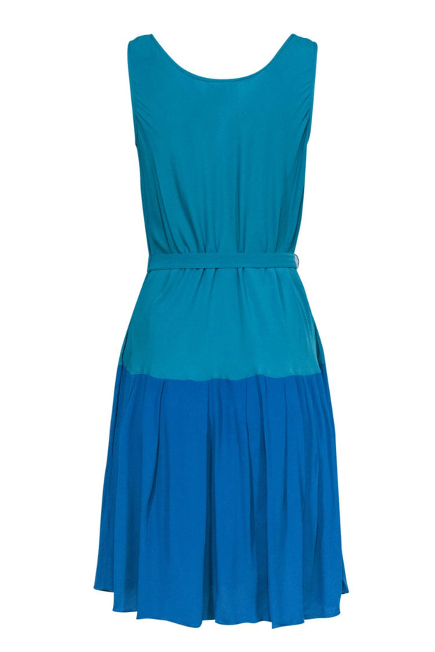 Current Boutique-Akris Punto - Teal & Blue Colorblock Silk Blend A-Line Dress w/ Belt Sz 8
