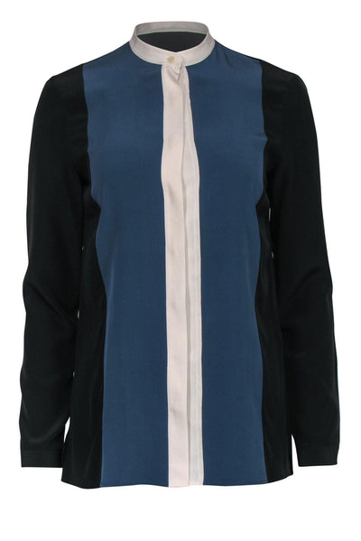 Current Boutique-Akris Punto - Black, Blue, & White Colorblock Silk Blouse Sz 6