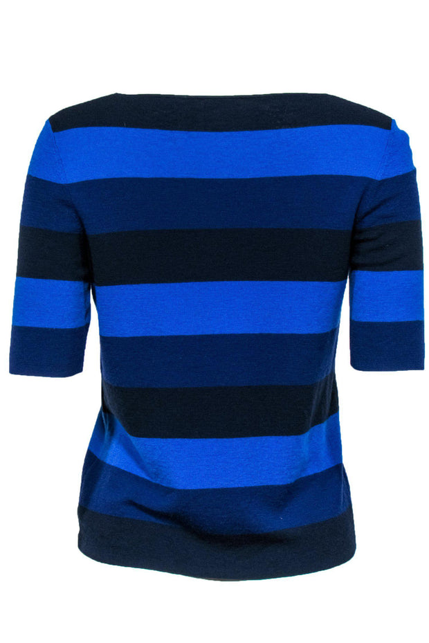 Current Boutique-Akris Punto - Blue, Navy & Black Striped Short Sleeve Wool Sweater Sz 12