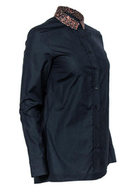 Current Boutique-Akris - Black Button Down Shirt w/ Embellished Copper Beaded Collar Sz 6