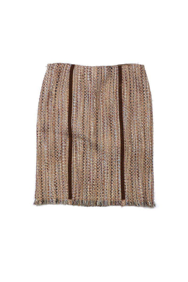 Current Boutique-Alberta Ferretti - Pink Blue & Tan Woven Velvet Trim Skirt Sz 10