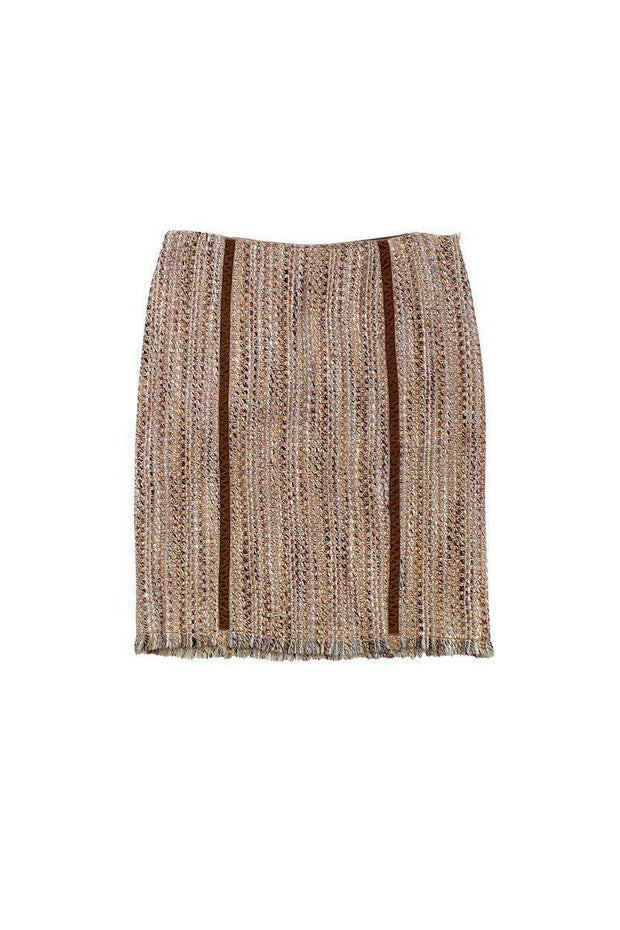 Current Boutique-Alberta Ferretti - Pink Blue & Tan Woven Velvet Trim Skirt Sz 10