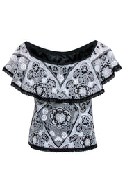 Current Boutique-Alexis - Black & White Lace Overlay Off-the-Shoulder Top Sz M