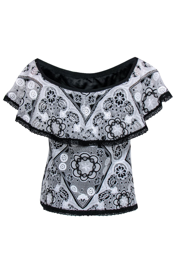 Current Boutique-Alexis - Black & White Lace Overlay Off-the-Shoulder Top Sz M