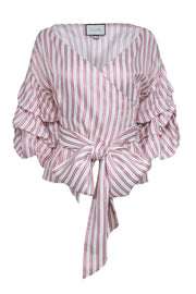 Current Boutique-Alexis - Copper & White Striped Wrap Top w/ Gathered Sleeves Sz M