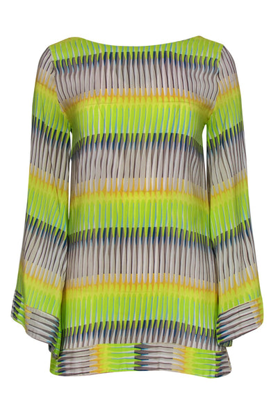 Current Boutique-Alexis - Neon Green, Grey & Yellow Print Bell Sleeve Tunic Sz S