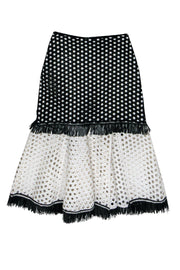 Current Boutique-Alexis - Black & White Colorblocked Eyelet A-Line Skirt w/ Fringe Sz XS