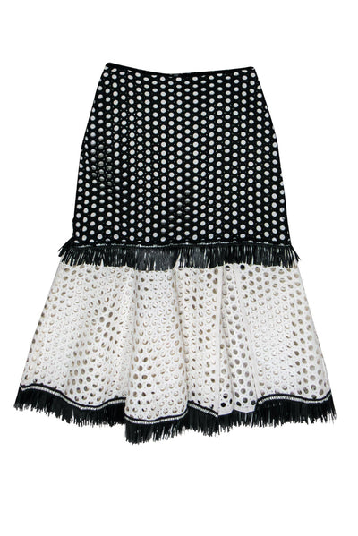 Current Boutique-Alexis - Black & White Colorblocked Eyelet A-Line Skirt w/ Fringe Sz XS