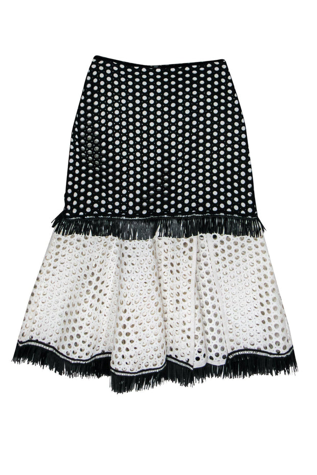 Current Boutique-Alexis - Black & White Colorblocked Eyelet A-Line Skirt w/ Fringe Sz XS