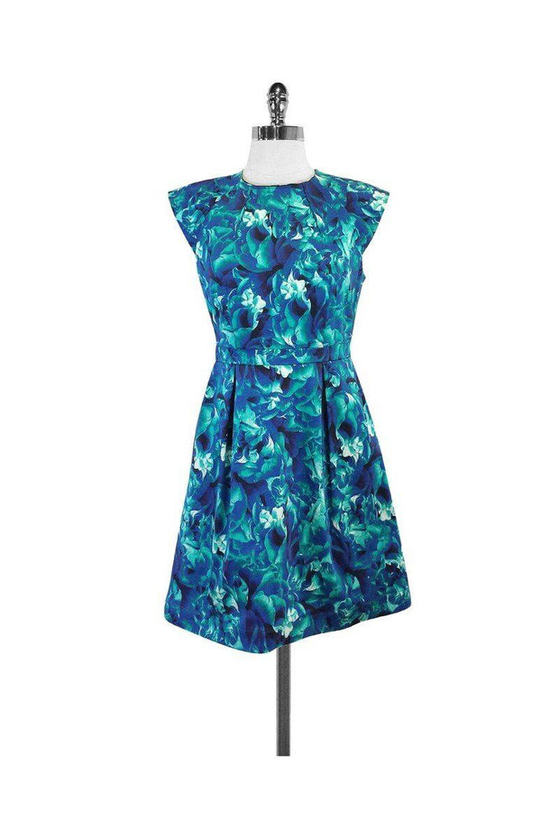 Current Boutique-Ali Ro - Blue & Green Floral Cotton Cap Sleeve Dress Sz 4