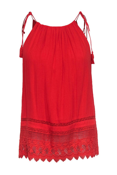 Current Boutique-Alice & Olivia - Tomato Red Tank w/ Embroidered Hem & Tassel Ties Sz M
