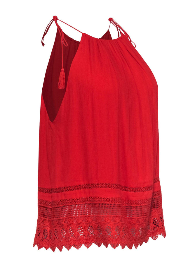 Current Boutique-Alice & Olivia - Tomato Red Tank w/ Embroidered Hem & Tassel Ties Sz M
