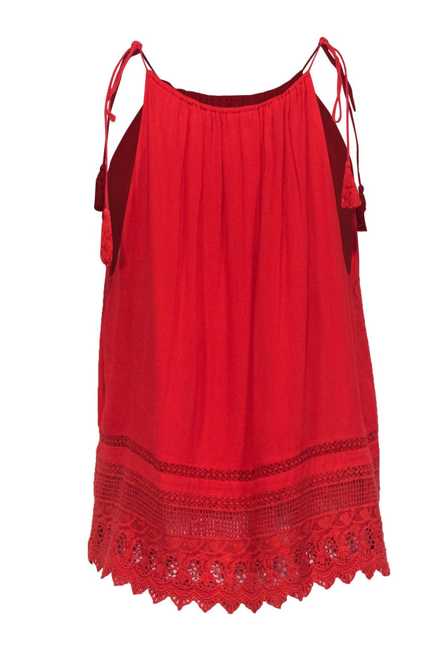 Current Boutique-Alice & Olivia - Tomato Red Tank w/ Embroidered Hem & Tassel Ties Sz M