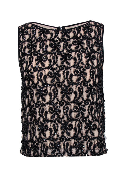 Current Boutique-Alice & Olivia - Nude Sleeveless Tank w/ Black Lace, Sequin, & Beaded Embellishment Sz S