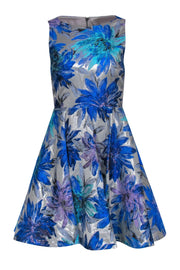 Current Boutique-Alice & Olivia - Blue & Silver Metallic Brocade A-Line Dress w/ Open Back Sz 4