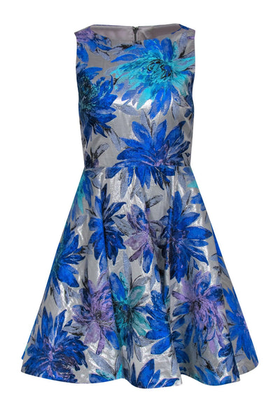 Current Boutique-Alice & Olivia - Blue & Silver Metallic Brocade A-Line Dress w/ Open Back Sz 4
