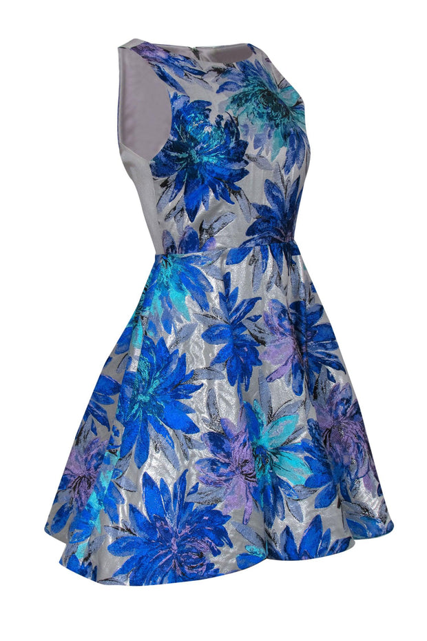 Current Boutique-Alice & Olivia - Blue & Silver Metallic Brocade A-Line Dress w/ Open Back Sz 4