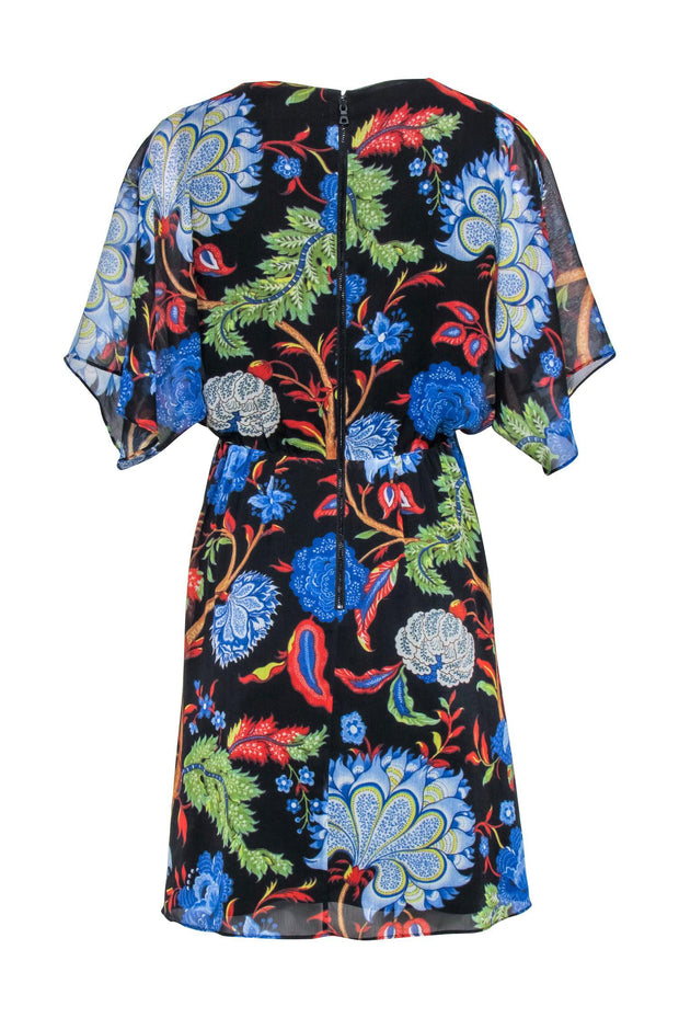 Current Boutique-Alice & Olivia- Black w/ Floral & Leaf Print Short Sleeve Wrap Bodice Dress Sz 4