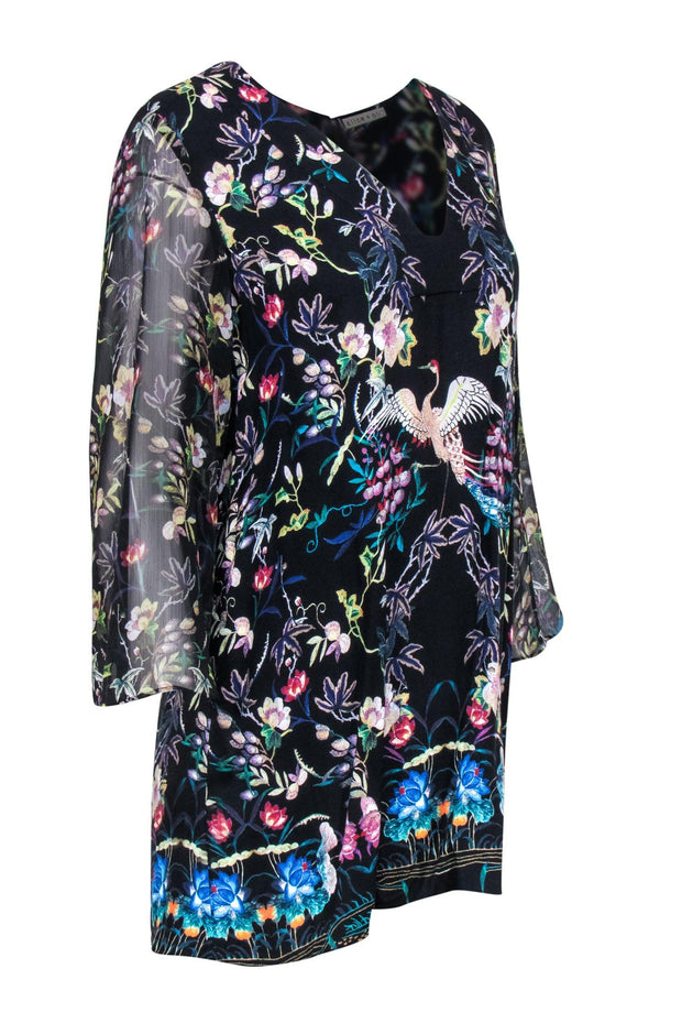 Current Boutique-Alice & Olivia - Black, Teal & Purple Floral Print w/ Sheer Sleeves Sz S