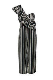 Current Boutique-Alice & Olivia - Black & Cream Striped Ruffled One-Shoulder Wide Leg Jumpsuit Sz 10