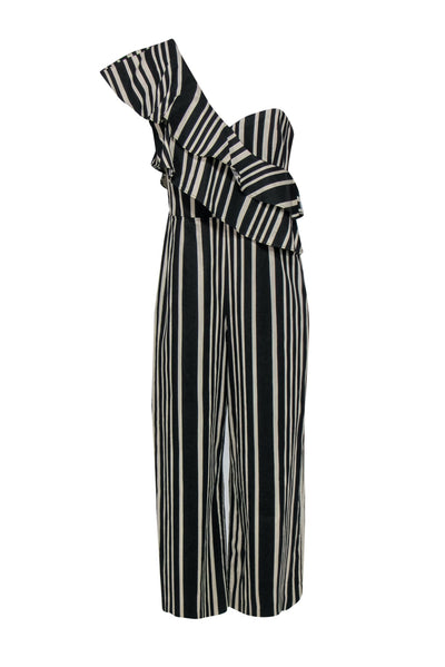 Current Boutique-Alice & Olivia - Black & Cream Striped Ruffled One-Shoulder Wide Leg Jumpsuit Sz 10