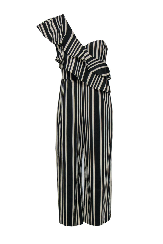 Current Boutique-Alice & Olivia - Black & Cream Striped Ruffled One-Shoulder Wide Leg Jumpsuit Sz 10