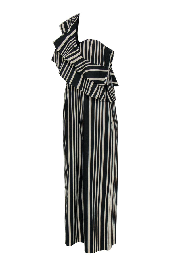 Current Boutique-Alice & Olivia - Black & Cream Striped Ruffled One-Shoulder Wide Leg Jumpsuit Sz 10