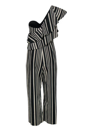 Current Boutique-Alice & Olivia - Black & Cream Striped Ruffled One-Shoulder Wide Leg Jumpsuit Sz 10
