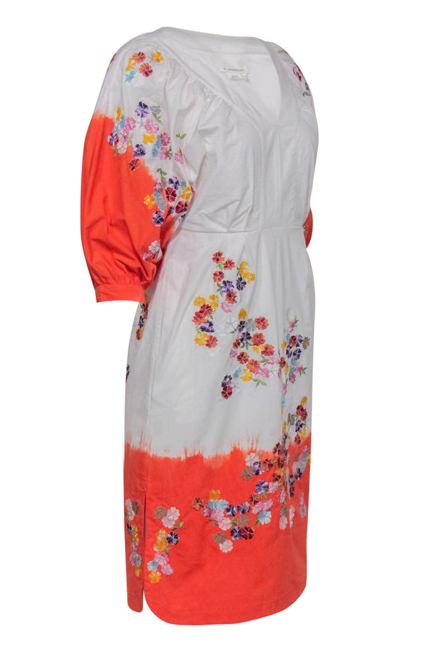 Current Boutique-Anthropologie - White & Orange Tie-Dye Floral Embroidered Puff Sleeve Dress Sz 2P