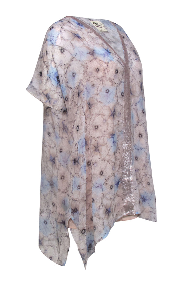 Current Boutique-One September - Light Blue & Pink Floral Print Tunic w/ Sequin Trim Sz S