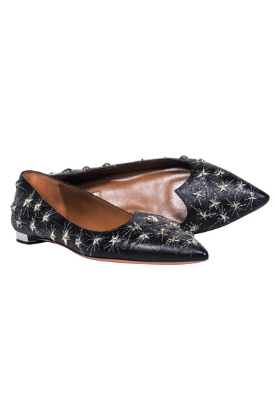 Current Boutique-Aquazzura – Black Leather Pointy Toe Flats w/ Metal Studded Stars Sz 8.5