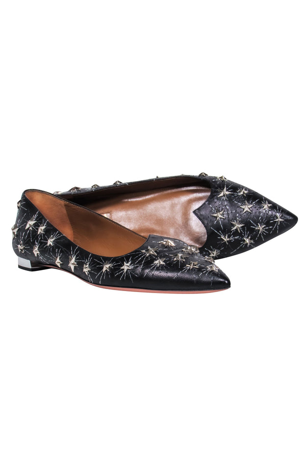 Current Boutique-Aquazzura – Black Leather Pointy Toe Flats w/ Metal Studded Stars Sz 8.5