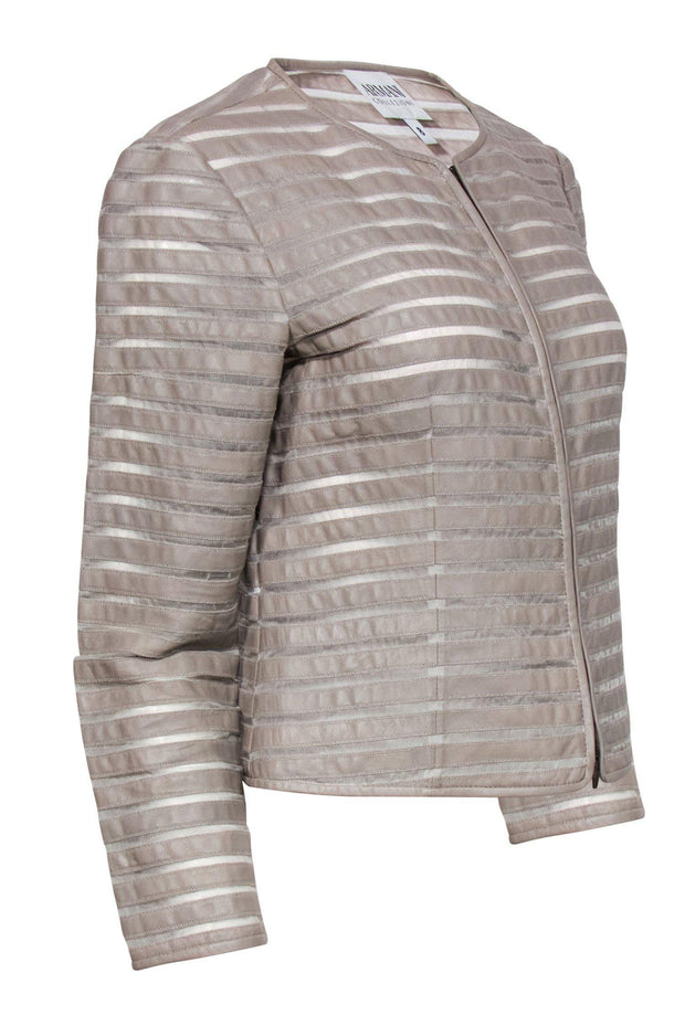 Current Boutique-Armani Collezioni - Taupe Leather & Silk Striped Zip-Up Jacket Sz 8