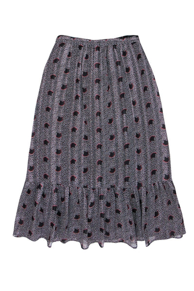 Current Boutique-Ba&sh - Black & Red Printed Metallic Midi Skirt w/ Flounce Hem Sz 4