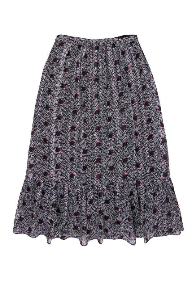 Current Boutique-Ba&sh - Black & Red Printed Metallic Midi Skirt w/ Flounce Hem Sz 4