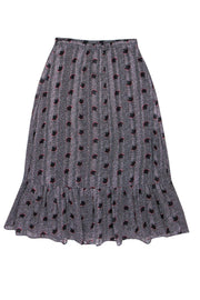 Current Boutique-Ba&sh - Black & Red Printed Metallic Midi Skirt w/ Flounce Hem Sz 4