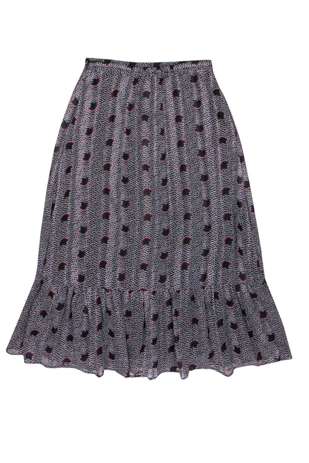 Current Boutique-Ba&sh - Black & Red Printed Metallic Midi Skirt w/ Flounce Hem Sz 4