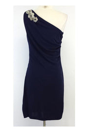 Current Boutique-Badgley Mischka - Navy Embellished One Shoulder Dress Sz 8